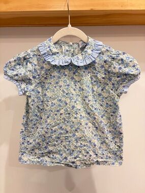 Girls Blue Floral Ruffle Collar Blouse — 6